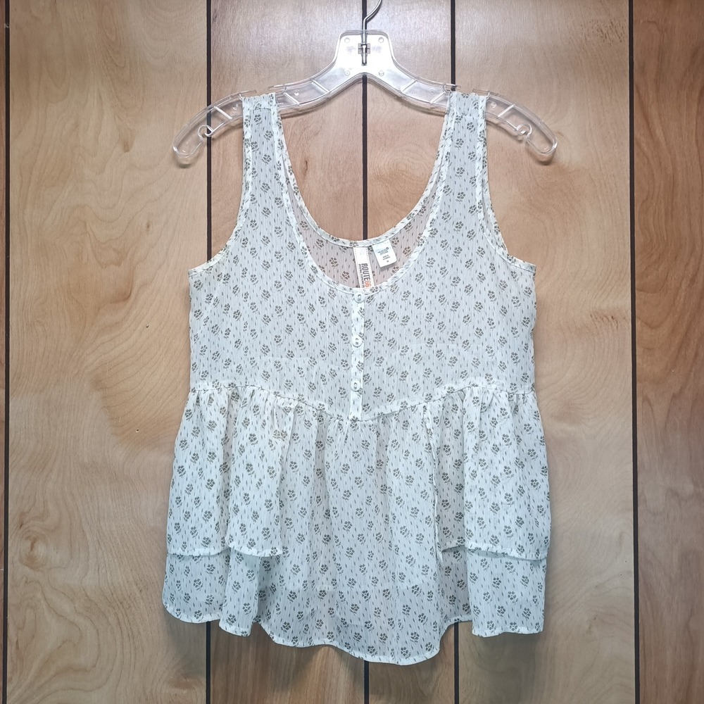 Route 66 Womens M Floral Babydoll Tank Top Cream Green Tiered Ruffle Sheer Y2K
